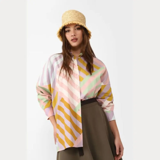Chemise oversize pur coton à motif géométrique multicolore Mamodo Femme